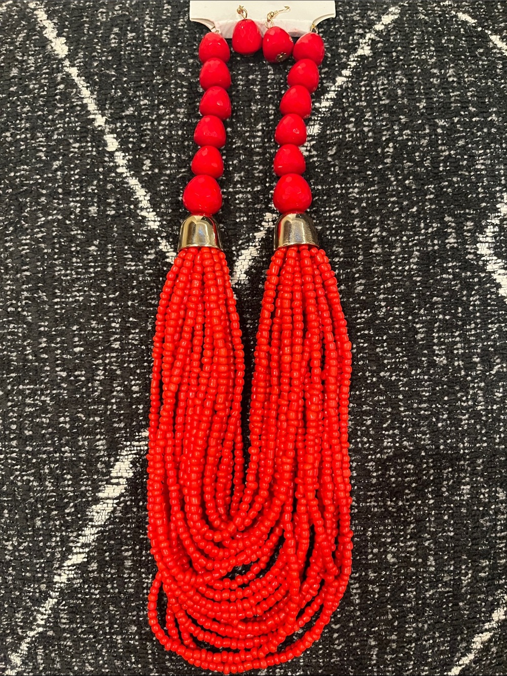 Fashion Jewelry Red Multi-Strand Beaded Tassel Necklace with Gold Caps
